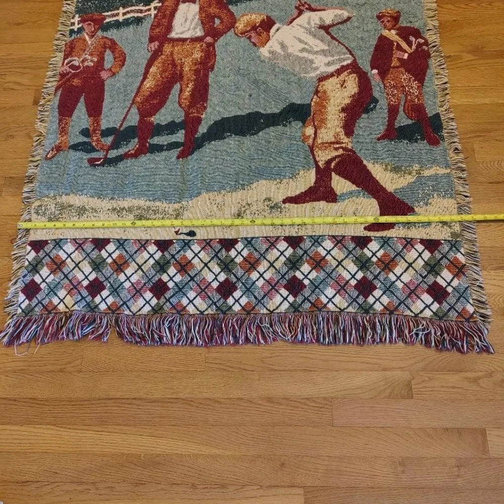Vtg Golf Scene Woven Knit Throw Blanket Fringe Argyle Pattern 45x60” Warm Cozy